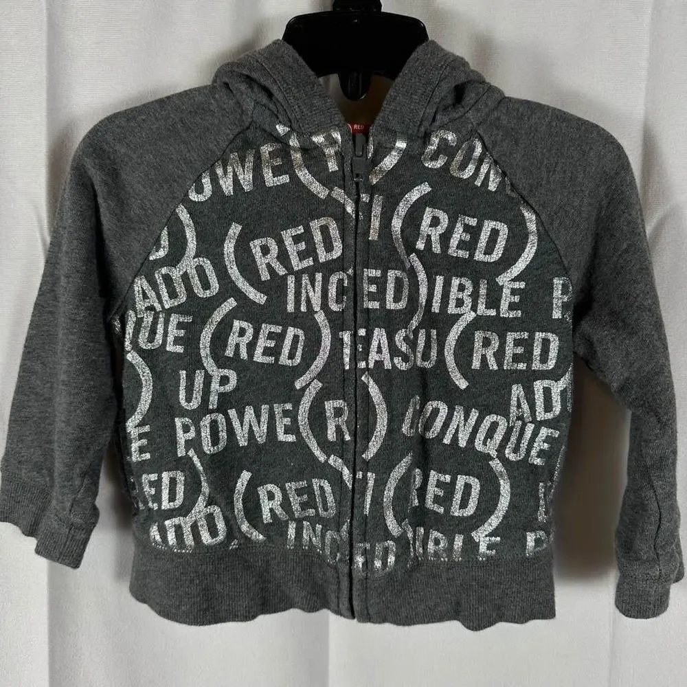 Baby Gap Gray & Silver RED Zip Up Hooded Sweatshirt Jacket Fleece 18-24 Months